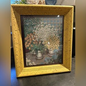 Vintage D Saar print yellow wood frame. Cottage core floral art daisy marigold